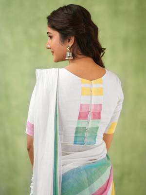 White Pure Tissue Cotton Handloom South Indian Style Saree with Unstitched Blouse Piece  5