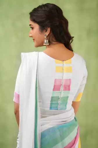 White Pure Tissue Cotton Handloom South Indian Style Saree with Unstitched Blouse Piece 