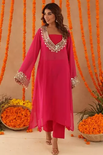 Ketaki pink mirror lace work fusion set