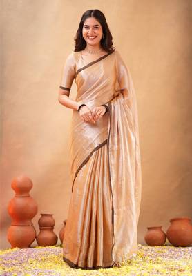 Beige Pure Tissue Cotton Handloom South Indian Style Saree with Unstitched Blouse Piece  1