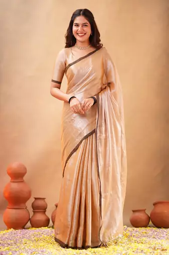 Beige Pure Tissue Cotton Handloom South Indian Style Saree with Unstitched Blouse Piece 