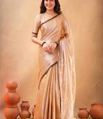 Beige Pure Tissue Cotton Handloom South Indian Style Saree with Unstitched Blouse Piece 