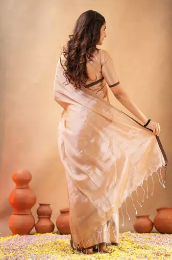 Beige Pure Tissue Cotton Handloom South Indian Style Saree with Unstitched Blouse Piece 