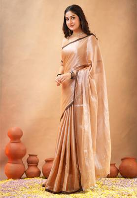 Beige Pure Tissue Cotton Handloom South Indian Style Saree with Unstitched Blouse Piece  3