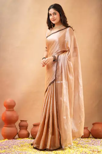 Beige Pure Tissue Cotton Handloom South Indian Style Saree with Unstitched Blouse Piece 