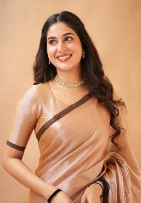 Beige Pure Tissue Cotton Handloom South Indian Style Saree with Unstitched Blouse Piece  4