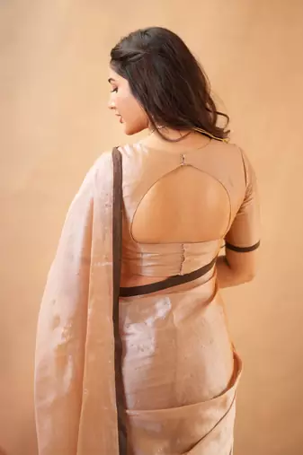 Beige Pure Tissue Cotton Handloom South Indian Style Saree with Unstitched Blouse Piece 