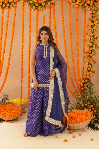 Saba blue short detailed kurti palazzo set
