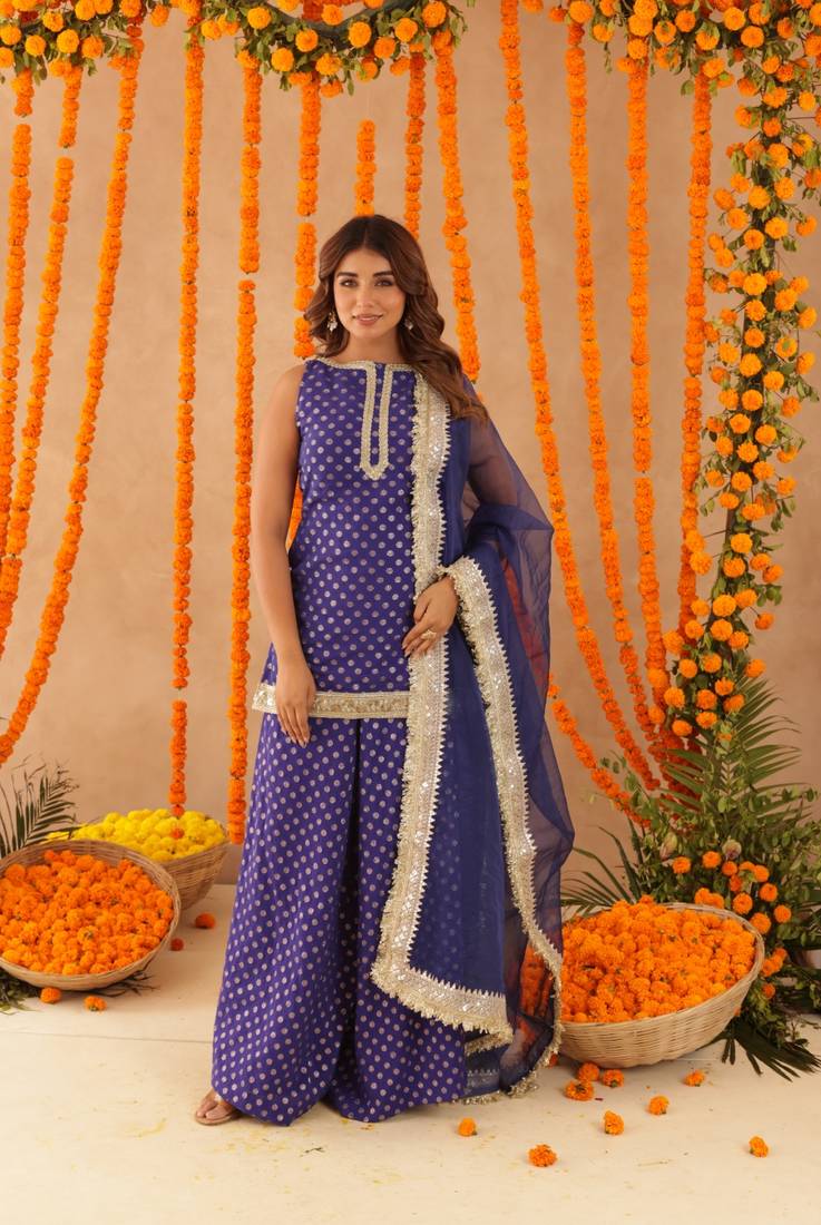 Saba blue short detailed kurti palazzo set