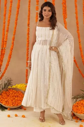 Shayla white lurix anarkali set