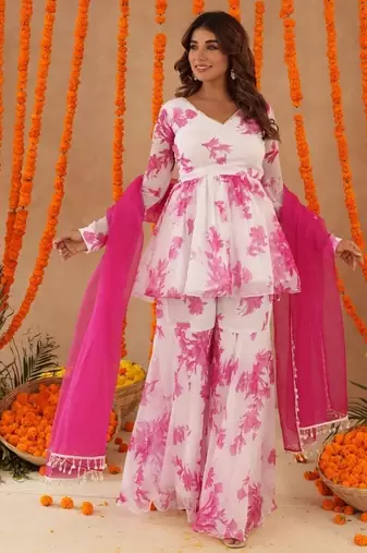 Trisha white pink floral sharara set