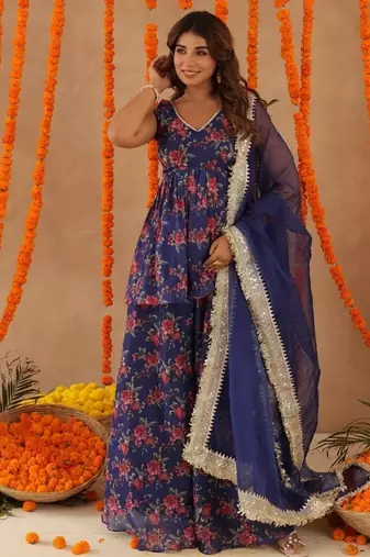 Zeisha navy blue floral sharara set