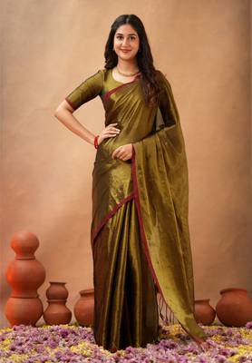 Brown Pure Tissue Cotton Handloom South Indian Style Saree with Unstitched Blouse Piece  1