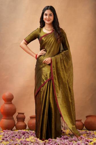 Brown Pure Tissue Cotton Handloom South Indian Style Saree with Unstitched Blouse Piece 