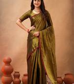 Brown Pure Tissue Cotton Handloom South Indian Style Saree with Unstitched Blouse Piece 