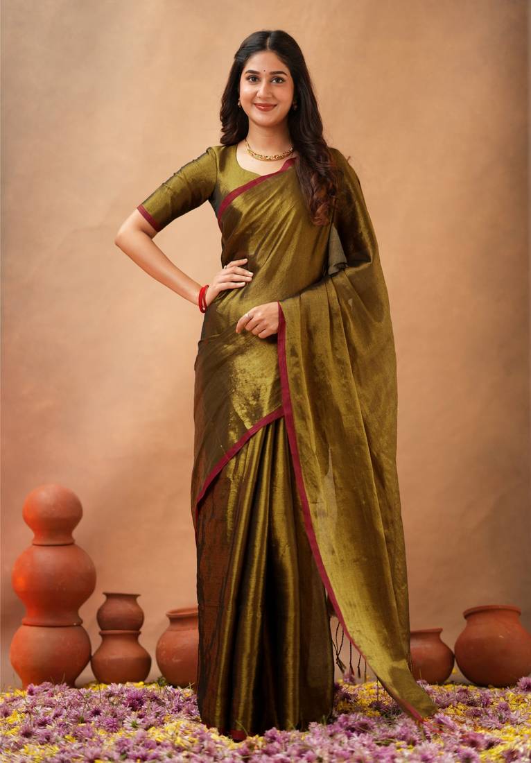 Brown Pure Tissue Cotton Handloom South Indian Style Saree with Unstitched Blouse Piece 