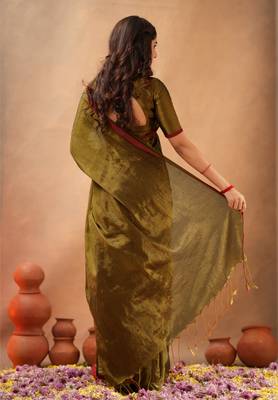 Brown Pure Tissue Cotton Handloom South Indian Style Saree with Unstitched Blouse Piece  2