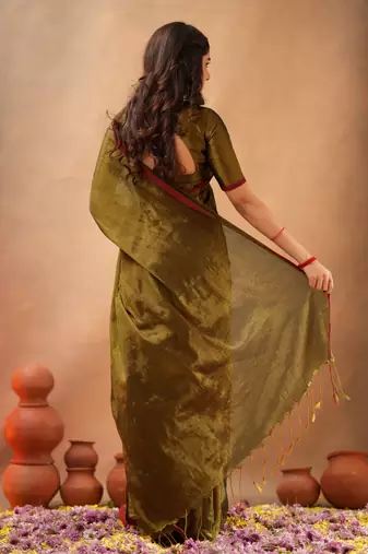 Brown Pure Tissue Cotton Handloom South Indian Style Saree with Unstitched Blouse Piece 