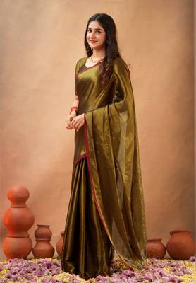 Brown Pure Tissue Cotton Handloom South Indian Style Saree with Unstitched Blouse Piece  3