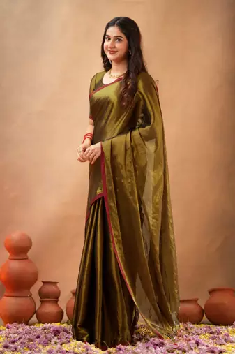 Brown Pure Tissue Cotton Handloom South Indian Style Saree with Unstitched Blouse Piece 