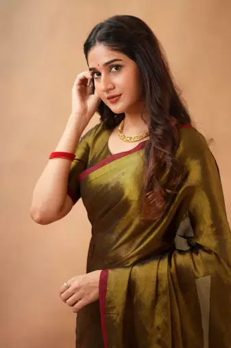 Brown Pure Tissue Cotton Handloom South Indian Style Saree with Unstitched Blouse Piece 