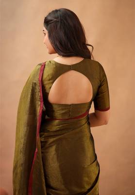 Brown Pure Tissue Cotton Handloom South Indian Style Saree with Unstitched Blouse Piece  5