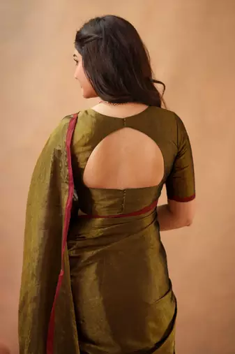 Brown Pure Tissue Cotton Handloom South Indian Style Saree with Unstitched Blouse Piece 