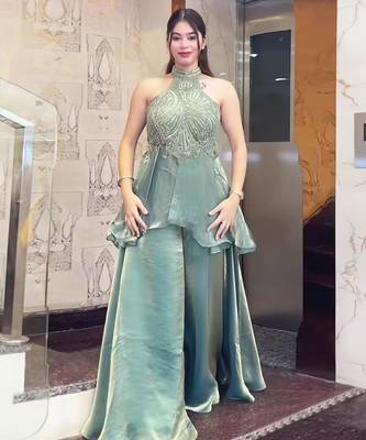 green halter palazzo set 3