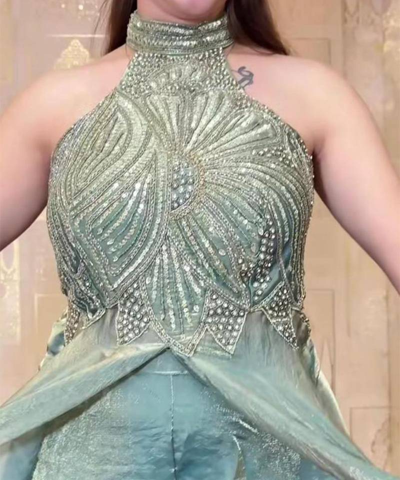 green halter palazzo set