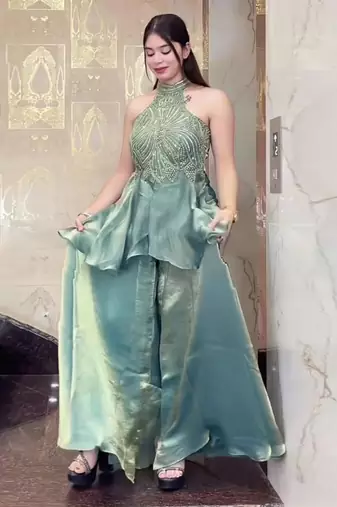 green halter palazzo set