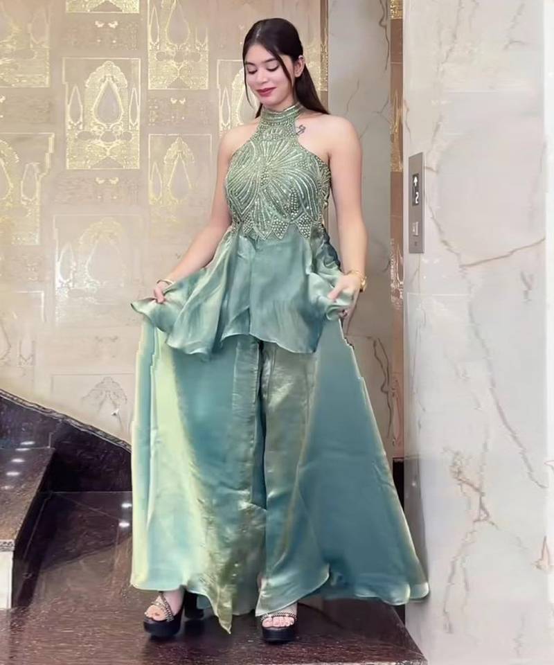 green halter palazzo set