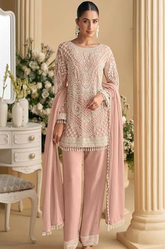 Baby pink palazzo set with beadwork and sequins.