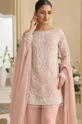 Baby pink palazzo set with beadwork and sequins.