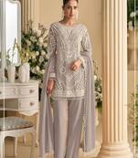 Mauve palazzo set with beadwork and sequins.