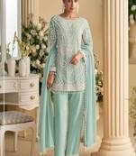 Light sea-green palazzo set with beadwork and sequins.