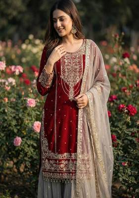 Dark maroon faux georgette zardosi sharara set 2