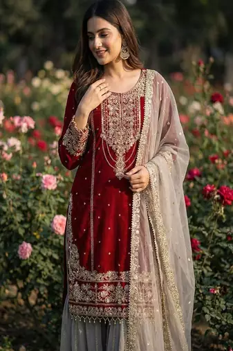 Dark maroon faux georgette zardosi sharara set