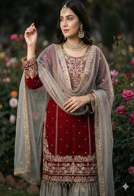 Dark maroon faux georgette zardosi sharara set 3