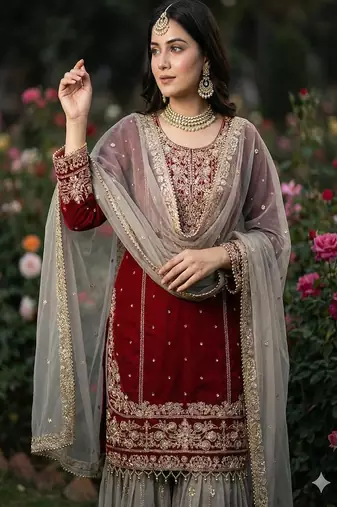 Dark maroon faux georgette zardosi sharara set
