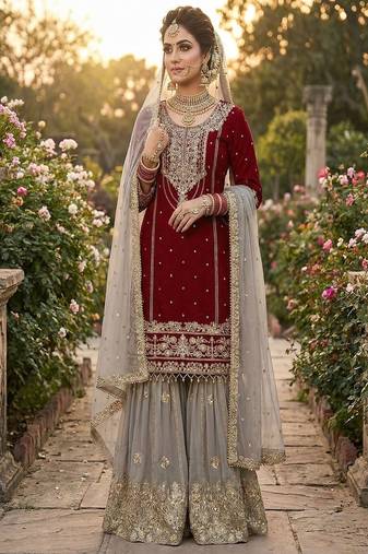 Dark maroon faux georgette zardosi sharara set