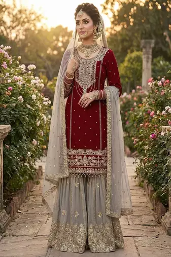 Dark maroon faux georgette zardosi sharara set