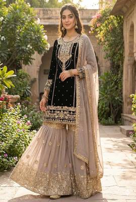 Dark black faux georgette zardosi sharara set 1