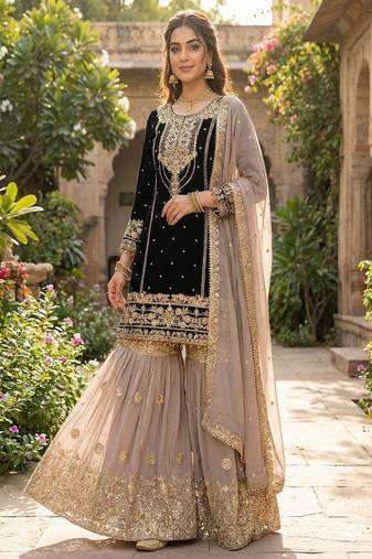 Dark black faux georgette zardosi sharara set