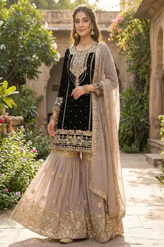 Dark black faux georgette zardosi sharara set