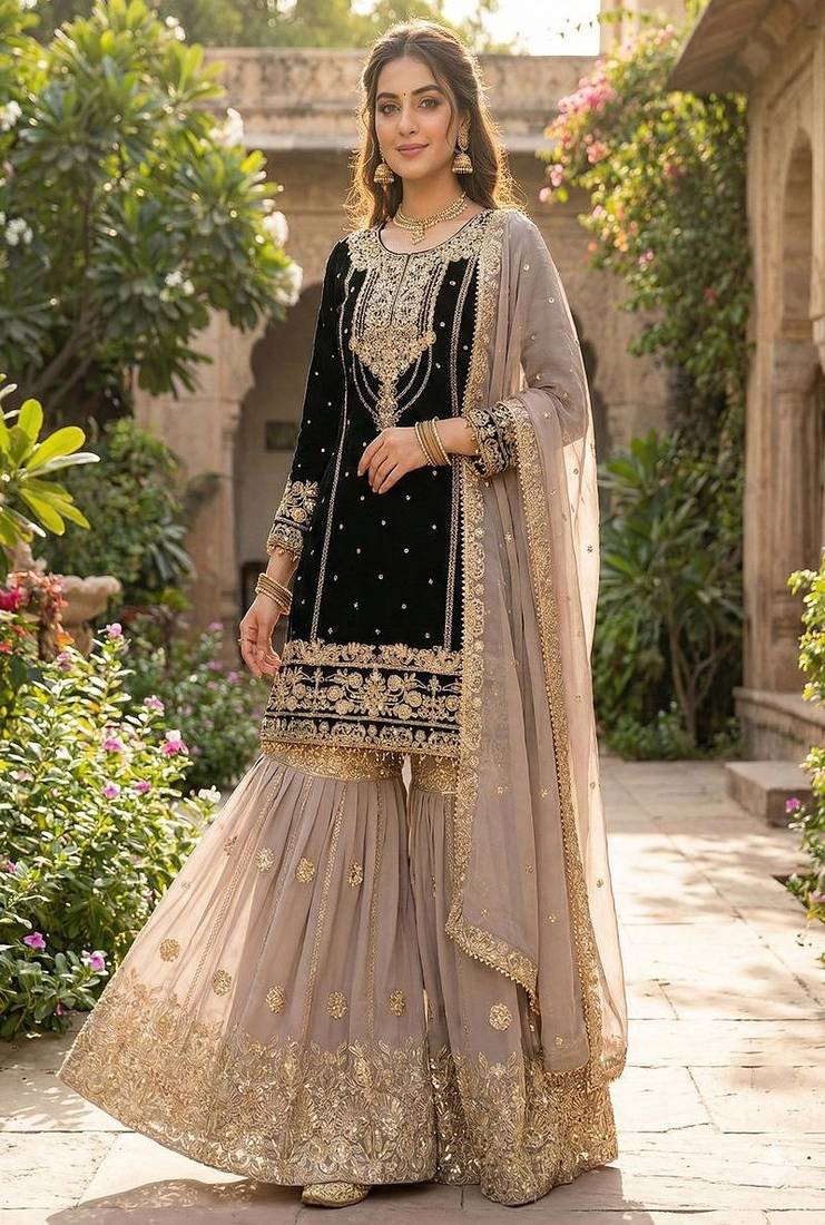 Dark black faux georgette zardosi sharara set