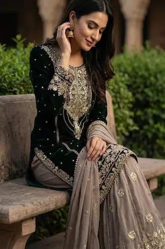 Dark black faux georgette zardosi sharara set