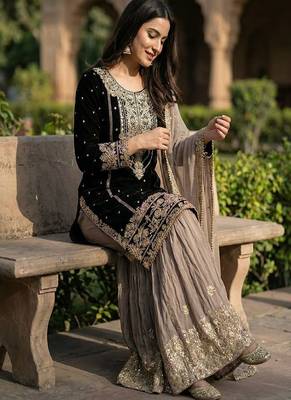 Dark black faux georgette zardosi sharara set 3