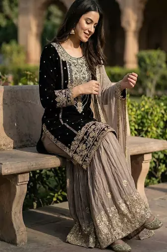 Dark black faux georgette zardosi sharara set