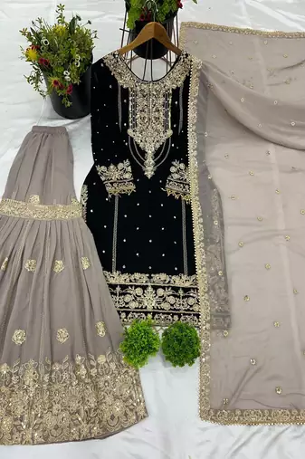 Dark black faux georgette zardosi sharara set