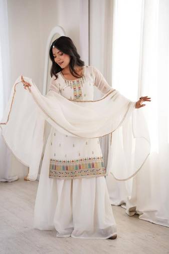 White sharara set with multi-color accents